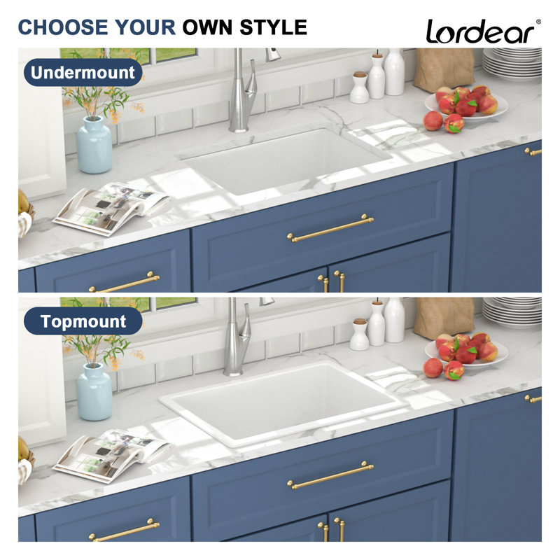 27" L x 19" W Premium White Ceramic Undermount/Drop-In Kitchen Sink Single Bowl White Fireclay Kitchen Sink Scratch-Resistant & Easy Clean