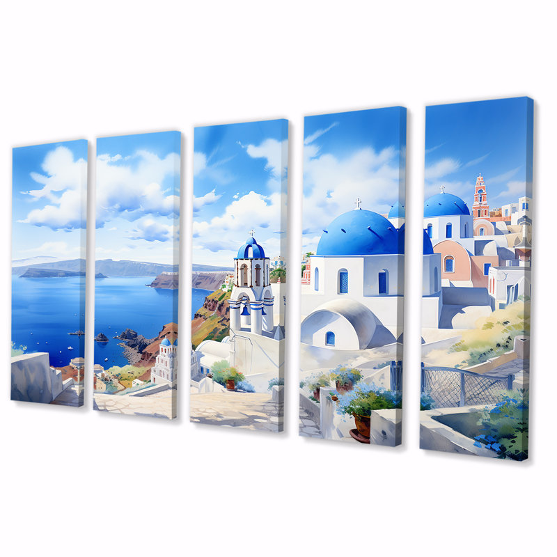 Santorini, Grèce, bord de mer, sérénité II - Grèce, art mural 5 pièces, H 32 po x l 80 po