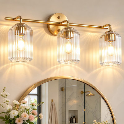 3‑Light Gold Vanity Light with Vertical‑Stripe Clear Glass