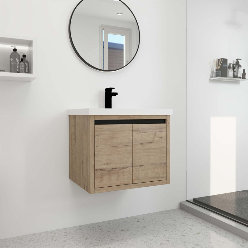 Ensemble de meuble-lavabo simple 18,1 po avec plateau en céramique Zulene, Imitation chêne