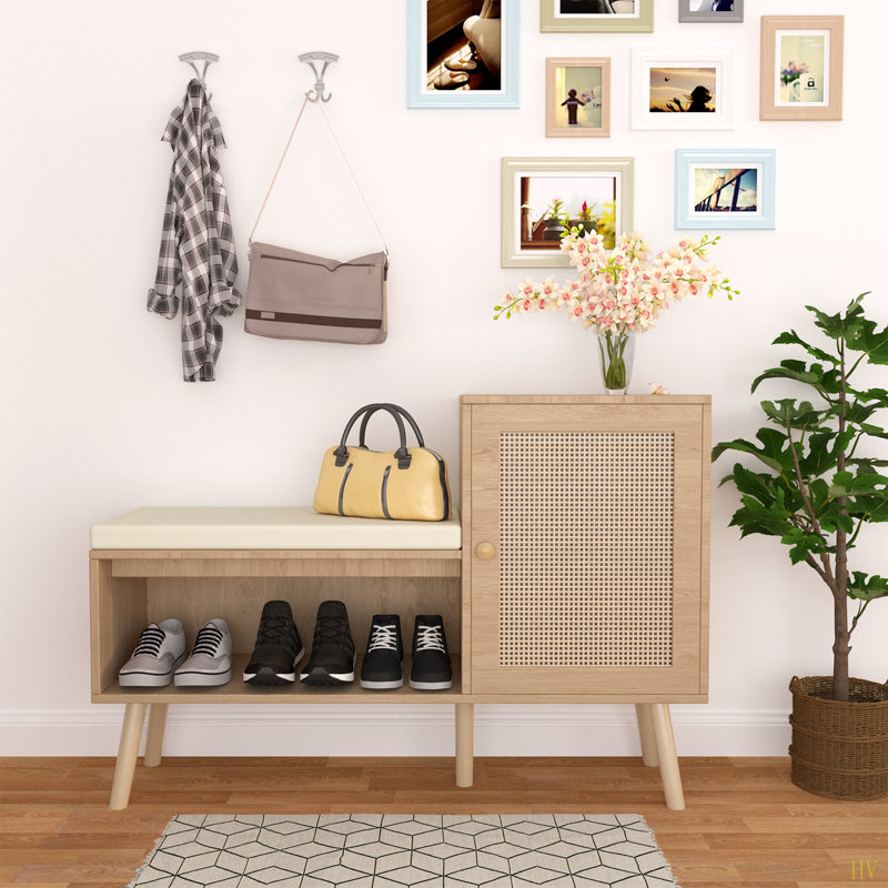 Banc de rangement pour chaussures 2 en 1, armoire à chaussures en rotin PP avec 2 tablettes réglables et coussin de siège amovible, banc d'entrée moderne, rangement pour chaussures, range-chaussures pour couloir, chambre à coucher