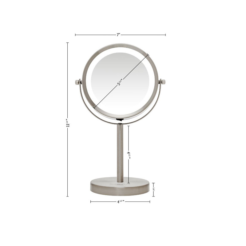 OVENTE 6" Lighted Makeup Mirror with 1X/7X Magnification, Cordless Tabletop Mount Vanity Round Mirror with 360° Swivel Design and Double Sided Cool Tone LED Ring Light, Nickel Brushed MLT60BR1X7X