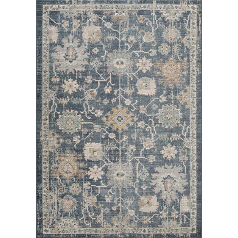 Washable Living Room Traditional Lagoon Floral Area Rug – Soft Polypropylene Weaving, Low Pile, Non Slip Cotton Backing for Elegant Indoor Spaces, Navy