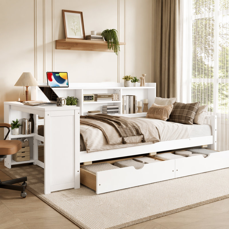 Lit de jour d'angle avec tiroirs de rangement, bureau et port de charge, Blanc
