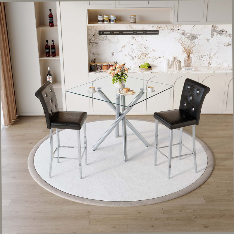 Ensemble de 2 tables de bar et tabourets de bar à hauteur fixe en verre Modern, Noir, Argent