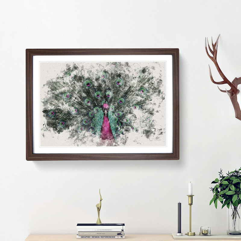 Mesmerising Pink and Green Peacock - Framed Print, Walnut Framed, 24cm H x 33cm W x 2cm D