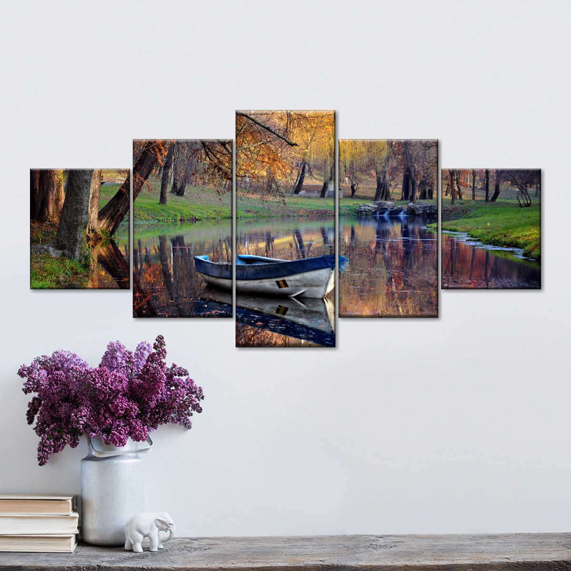 «Autumn Lake Boat Wall Art», ensemble de 5 pièces sur toile, H 24 po x l 55 po