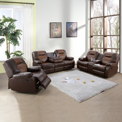 Manual Reclining Sofa Set Bonded Leather Living Room Furniture 3 Pieces Solid Wood Home Theater Set Brown -  Latitude Run®, 0FBCA04183874CC5817E17DE330AF619