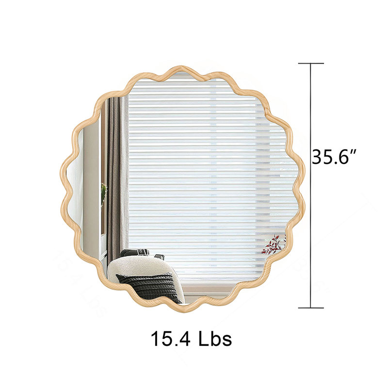 Miroir de meuble-lavabo en bois massif avec miroir ondulé et miroir, Bois naturel, 36 po x 36 po