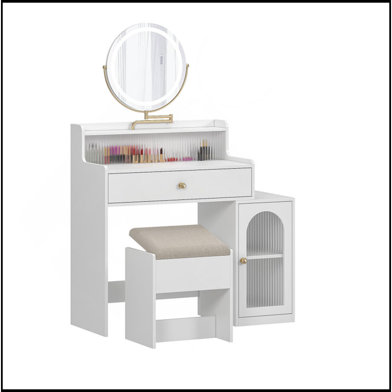 Bureau de coiffeuse blanc avec miroir pivotant à 360 ° et lumières réglables, coiffeuse de maquillage avec fauteuil de rangement et armoire d'appoint avec portes en verre Waveform, coiffeuse avec tiroir pour chambre à coucher