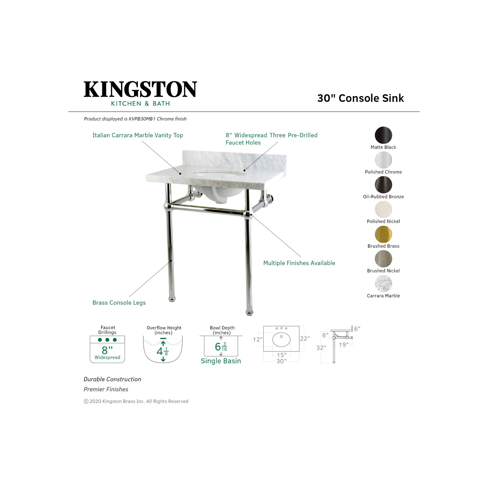 Kingston Brass Templeton 30-Inch Vanity Top with Brass Legs (8-Inch, 3-Hole), Carrara Marble/Satin Brass