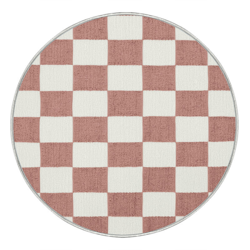 Machine Washable Checkered White Area Rug, Round 3'