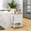Chariot de cuisine utilitaire, îlot de cuisine roulant avec plateau en bois d'hévéa lisse, surface de bloc de boucher étroite sur roulettes avec tiroir de rangement et armoire, blanc