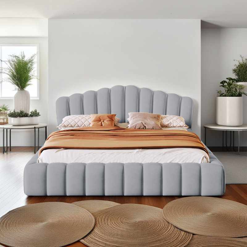 Structure de lit en velours pour grand lit - tête de lit tapissier en forme de coquillage, lit de plancher à profil bas, aucun sommier tapissier requis