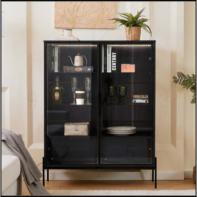 Vitrine autoportante de 51,2 po avec 2 tiroirs, portes en verre, éclairage DEL et 4 tablettes réglables pour les espaces de vie modernes