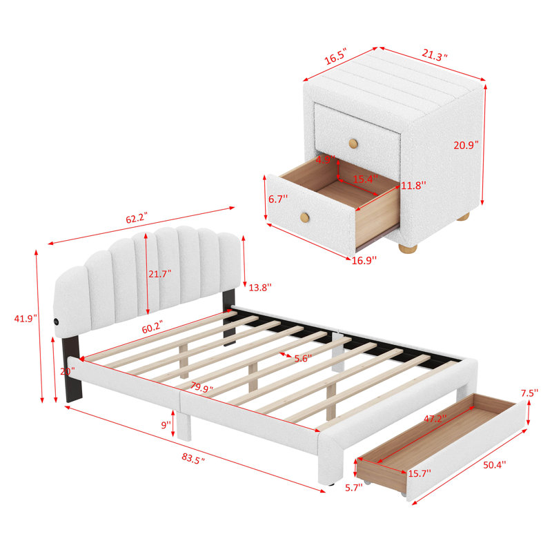 Grand lit plateforme tapissier avec table de chevet en molleton Abinayan Teddy, Blanc