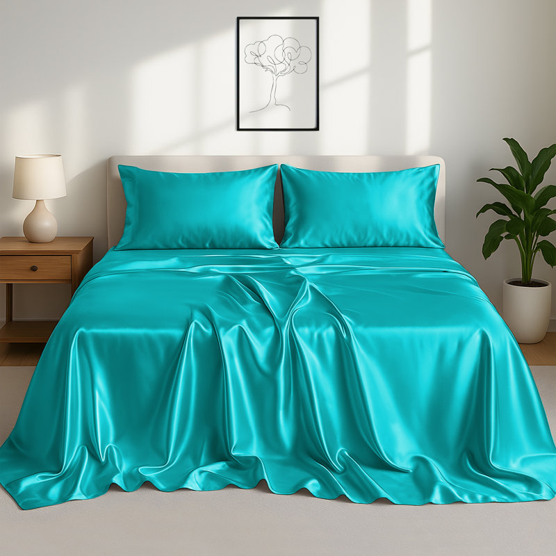 Drap-housse luxueux 4 pièces Lux Satin, Ensemble de draps pour grand lit avec 2 taies d'or, Bleu lac