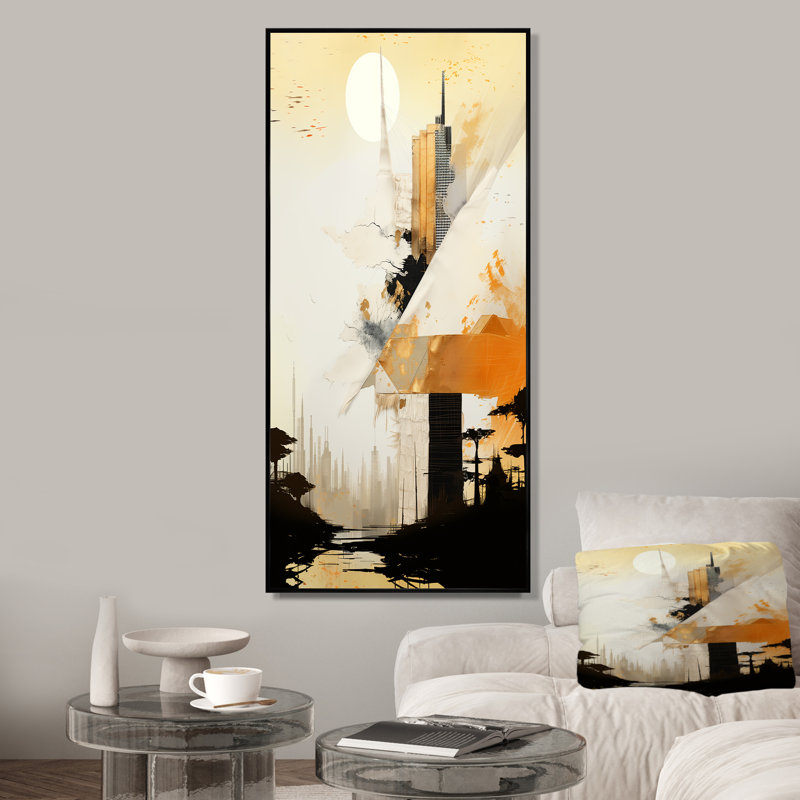 «Grey Sunset Collage II - Abstract Collages», art mural, Cadre flottant noir, H 60 po x l 28 po x P 1,5 po