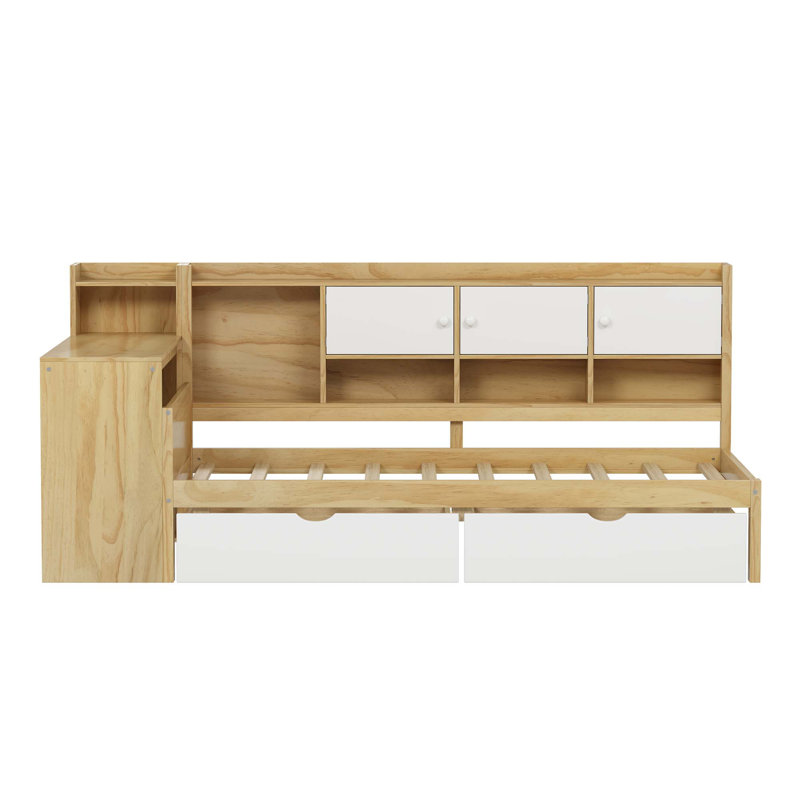 2 Drawers Daybed With Desk And Bookcase, Natural/White, Twin