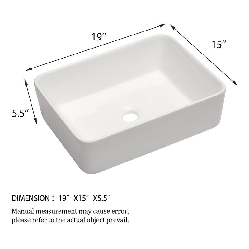 19"X15" White Ceramic Rectangular Vessel Bathroom Sink