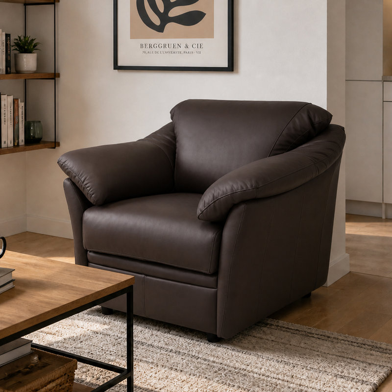 Chaise en cuir fleur Ramdev, H 34 po x l 39 po x P 36 po, Cuir véritable espresso