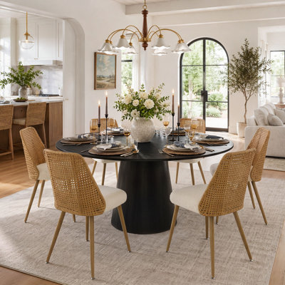 Ensemble de table de salle à manger pour 6 personnes avec table ronde en bois massif et 6 chaises capitonnées rembourrées