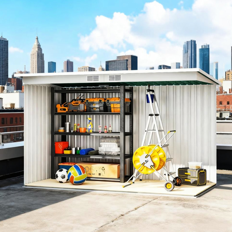 Remise extérieure en métal pour outils de jardin, avec fentes de ventilation et porte verrouillable, conception à finition simple, finition de 110,25 po: portes doubles, bonne circulation d'air, toit incliné, 109,89 lb, 66,31 po