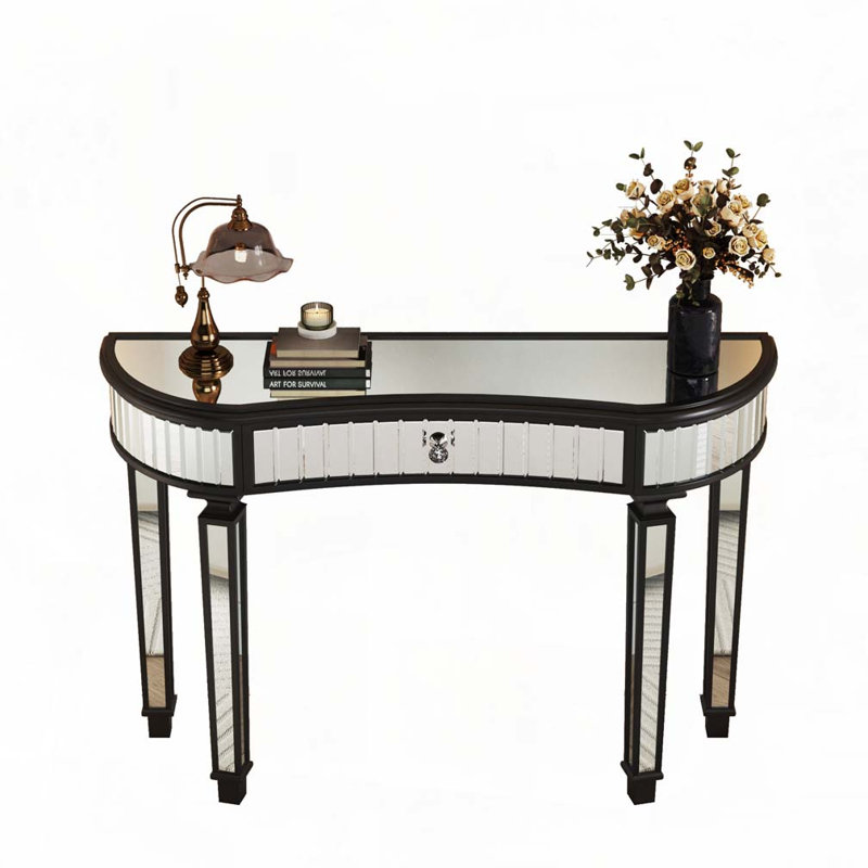 Console à miroir demi-lune 47 "avec verre cannelé, Noir antique / Argent