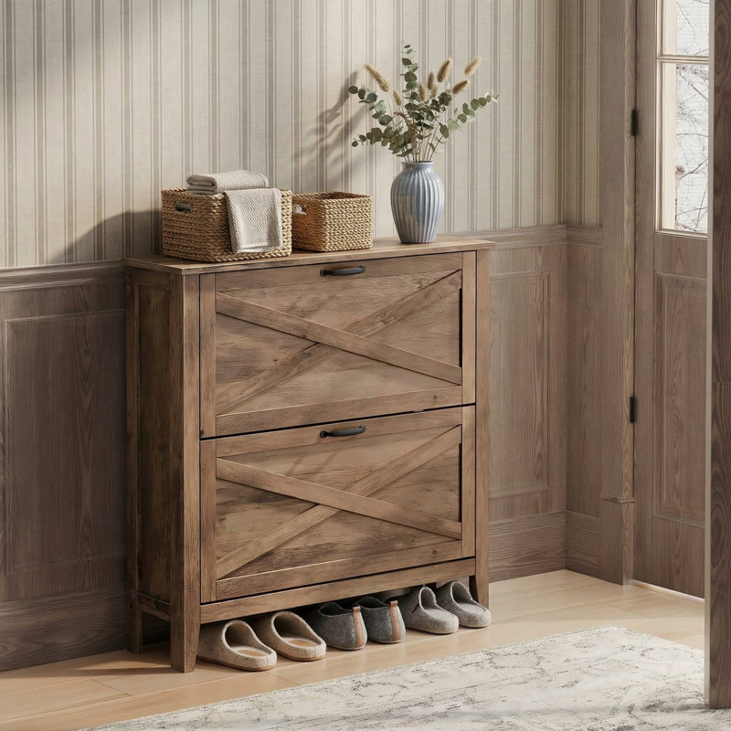 Armoire de rangement pour chaussures 16 paires avec 2 tiroirs rabattables, H 35 po x l 34,7 po x P 9,5 po, Brun