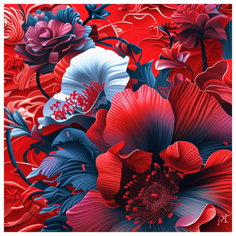 Red Blue Floral Composition Blankets, 60in W x 80in H