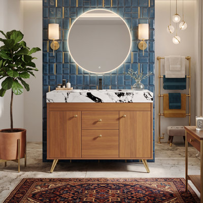 Meuble-lavabo moderne autoportant de 91 cm (36 po) avec lavabo en céramique et rangement intelligent, dessus en pierre frittée, contreplaqué et 2 tiroirs (noyer/noir)