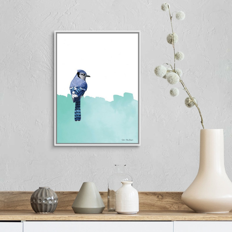 " Bird On Blue " Painting Print, 18" H x 14" W x 1.75" D, White Framed