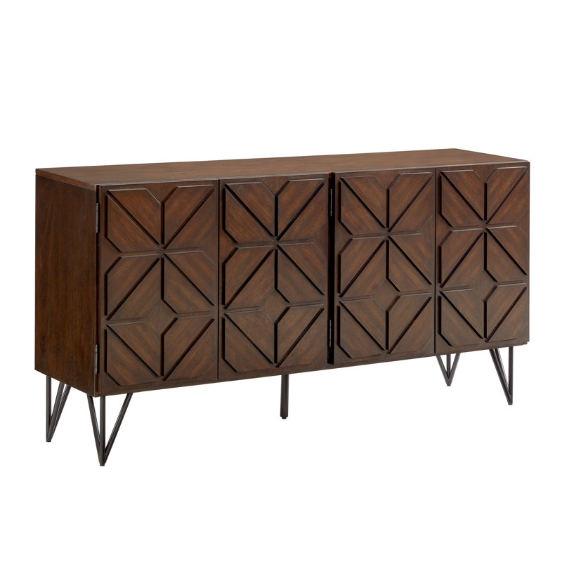 Buffet 62 po en bois massif avec panneau de porte sculpté à la main, brun noyer
