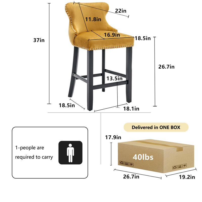 Modern Velvet Upholstered Bar Stools Counter Height Barstools Set of 2, Yellow