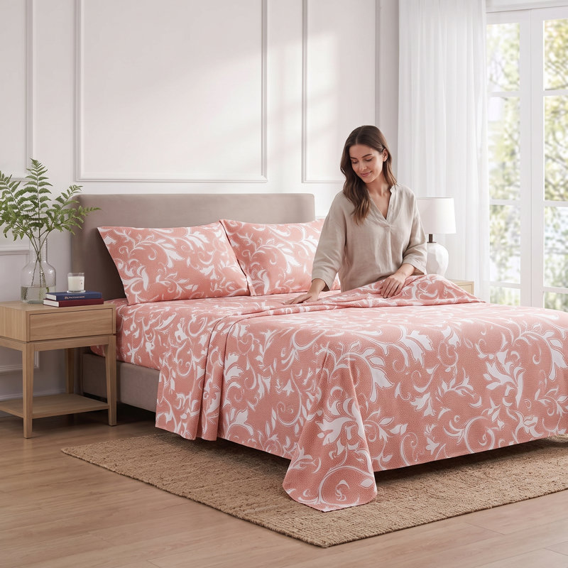 Ensemble de draps Arianne 4 pièces, format king, imprimé damassé terracotta, literie en microfibre ultra-douce et infroissable avec poches profondes