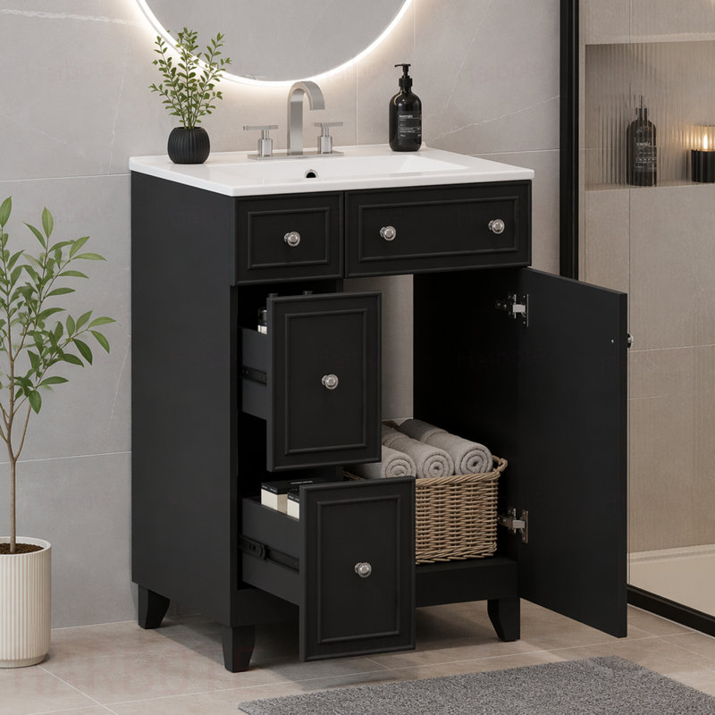 Meuble-lavabo de salle de bain avec lavabo en céramique, 2 tiroirs, 1 porte, Black