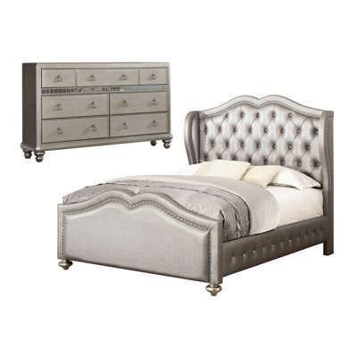 Mirai Metallic 2-Piece Upholstered Bedroom Set with Dresser