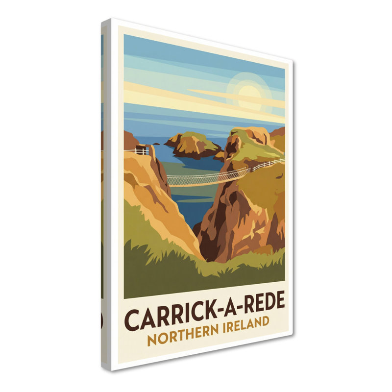 Carrick-a-Rede, Northern Ireland - Romantic Rope-Bridge Travel Poster Of The Causeway Coast. Giclee Print On Wrapped Canvas. Wall Art, Home Decor - Coastal & Maritime, Northern Ireland - Wrapped Canvas Print