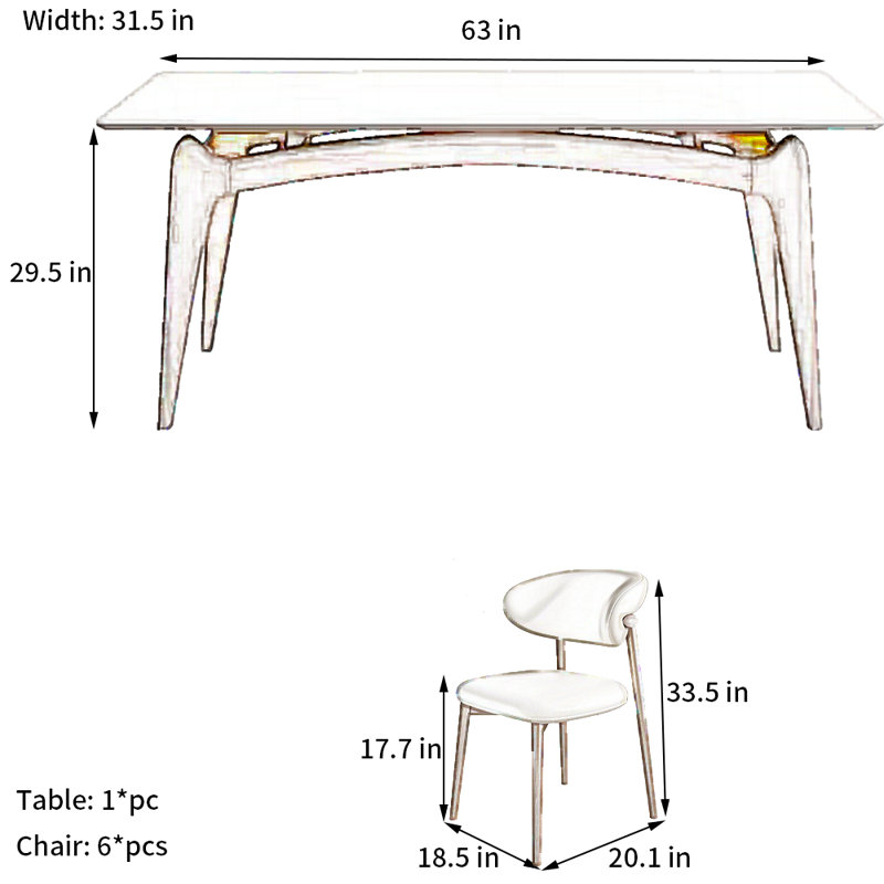 Modern White Oak Slate Dining Table Set, 29.5"H x 63"L x 31.5"W