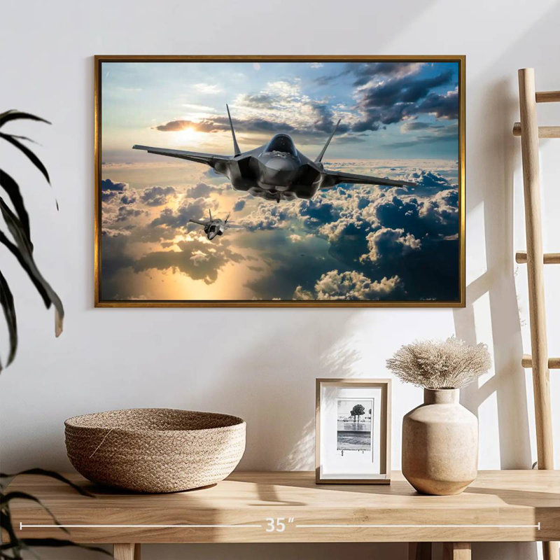 Avion de chasse F35, Cadre flottant doré, 25 po x 17 po