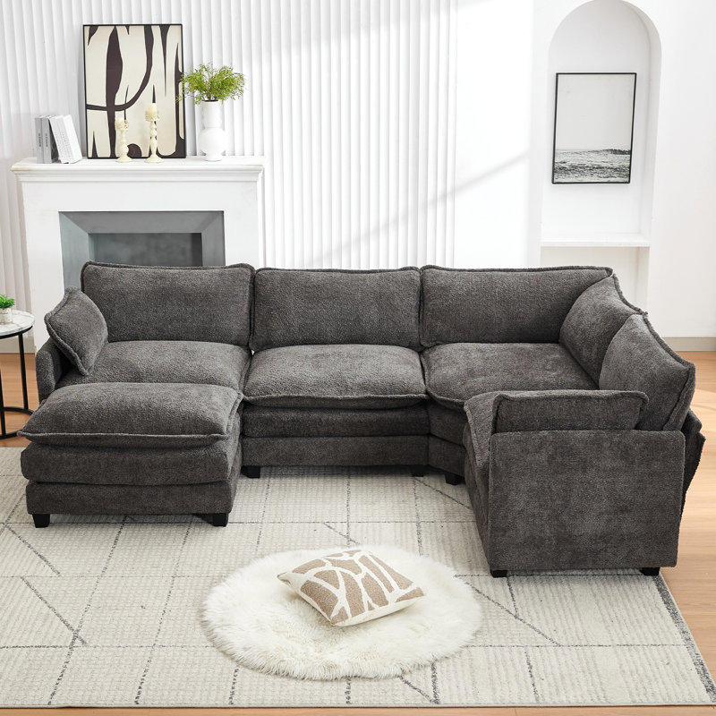 Canapé d'angle modulaire en L gris foncé avec repose-pieds amovible surdimensionné en chenille gris foncé, Dark Grey Chenille
