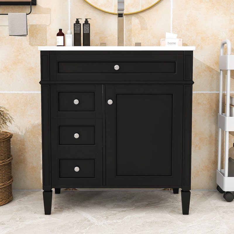 Meuble-lavabo de 30 pouces avec plateau en céramique, porte à fermeture douce et 3 tiroirs, Noir, noir, noir, noir