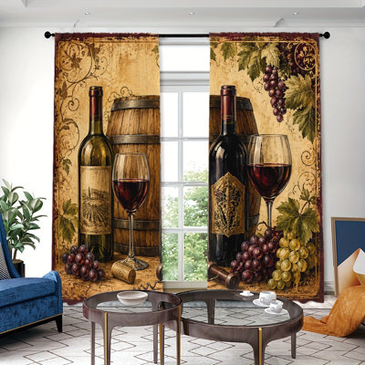 2PCS Vintage Wine Barrel and Grapes Pattern Light Filtering Curtains with Rustic Vineyard Design, Kitchen Dining Room Decor, Easy Hang Rod Pocket Style, All Season Curtains for Home Decoration