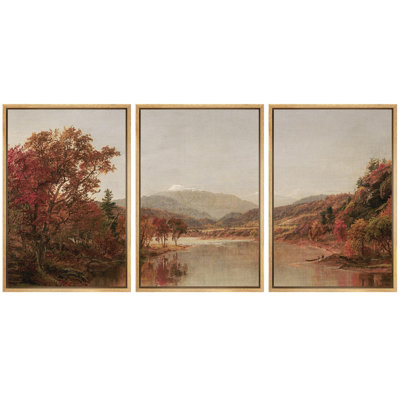 " Autumnal Serenity Fall Foliage And Mountain Lake Nature Wilderness Illustration Decor " 3 - Pieces