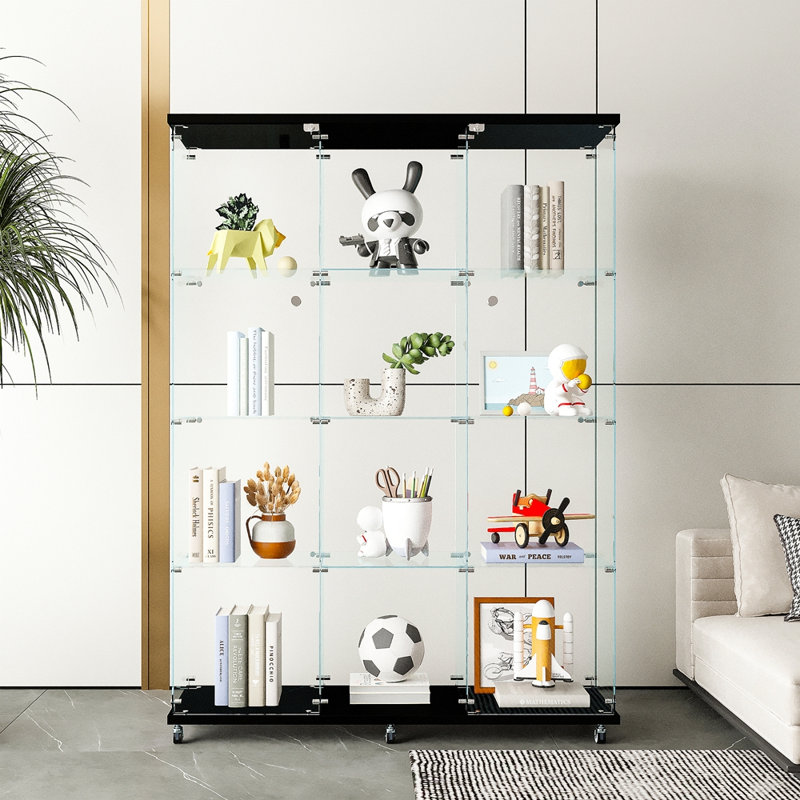 Glass Display Cabinet With 4 Shelves Extra Large, Curio Cabinets For Living Room, Bedroom, Office, Floor Standing Glass Bookshelf, Quick Installation