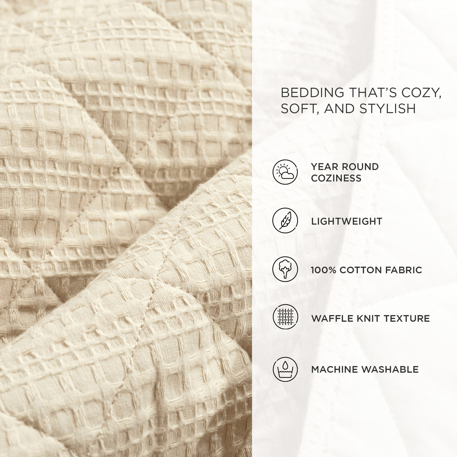 Haniya Solid Waffle Cotton Quilt Set, Beige, King Quilt + 2 King Shams