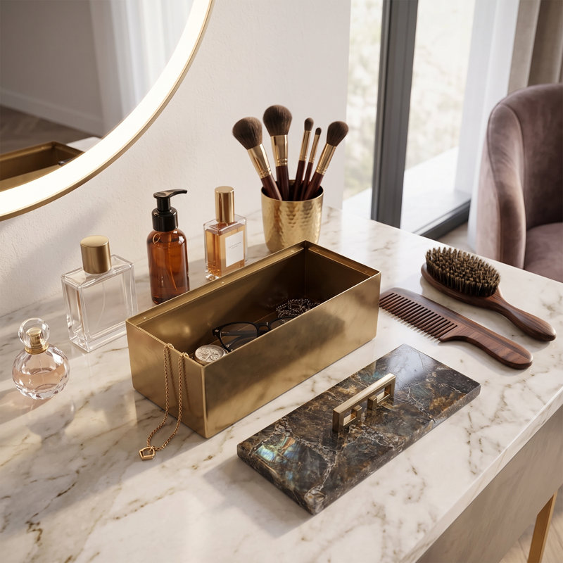 Boîte décorative contemporaine en pierre avec couvercle de bureau - Élégante boîte de rangement pour souvenirs, idéale pour une console d'entrée - 30 cm, noir et or