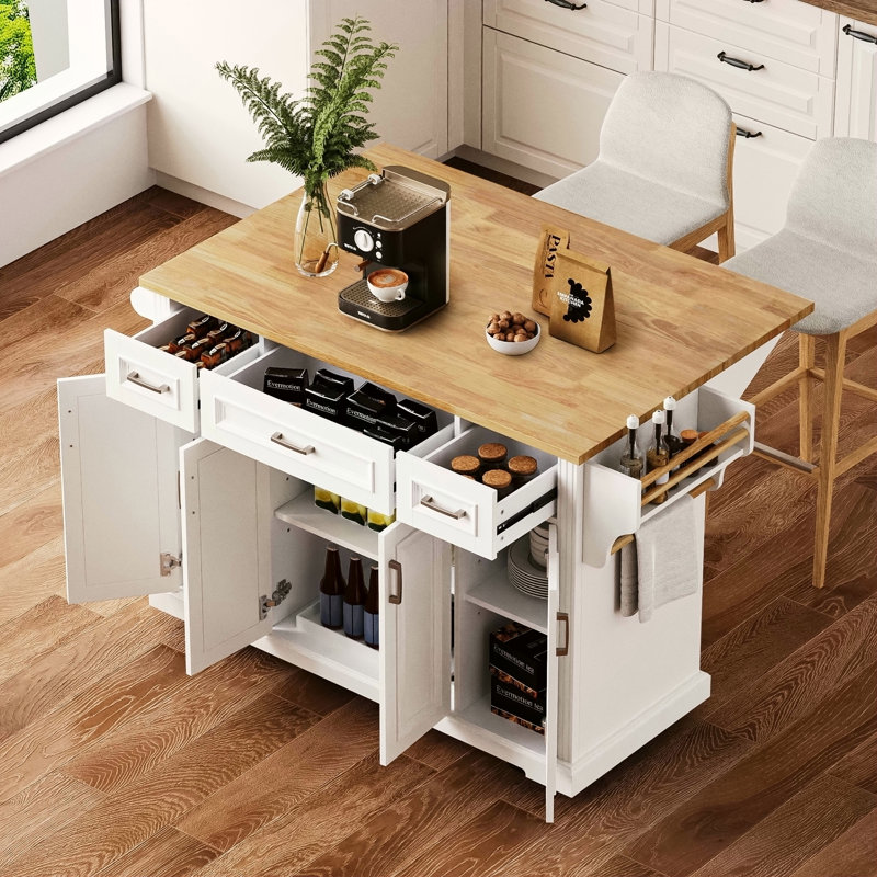 54Inch Large Kitchen Island With Rubber Wood Drop Leaf, Embossed Texture Rolling Kitchen Cart On 4 Wheels With 4 Doors And 3 Drawers, Kitchen Island With Storage For Kitchen, Dining Room