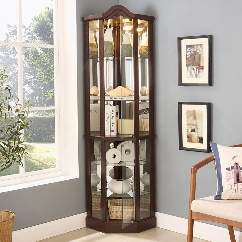 Armoire vitrée d'angle vitrée éclairée avec tablettes réglables Armoire à vin en cerisier sculpté, parfaite pour la maison ou le bureau - Cerisier foncé