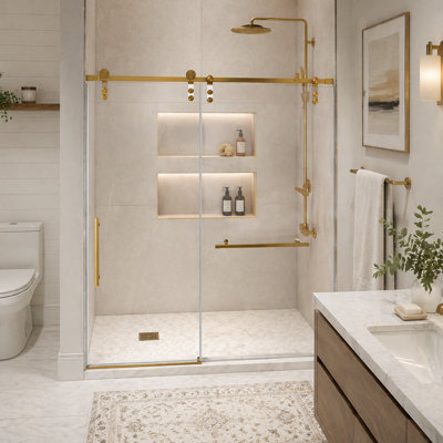 56-60" x 76" H Frameless Sliding Shower Door, 5/16" (8mm) Clear Tempered Glass, Stainless Steel Frame,Brushed Gold